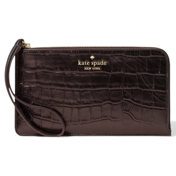 Kate Spade Lucy Croc Embossed Medium L-Zip Wristlet In Hot Fudge NWT